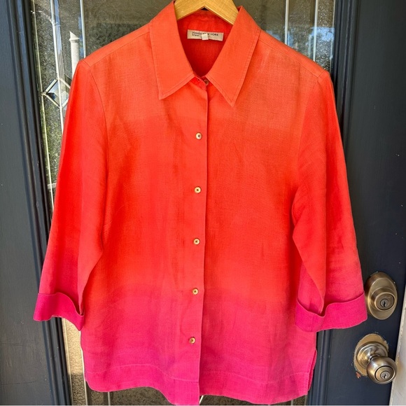 Jones New York Large Linen Orange Pink Ombré 3/4 Sleeve Button Up Gold Baggy - Picture 3 of 7
